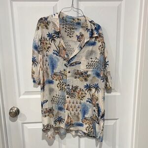 Tropical Hawaiian Button-Up Shirt in Cream & Blue